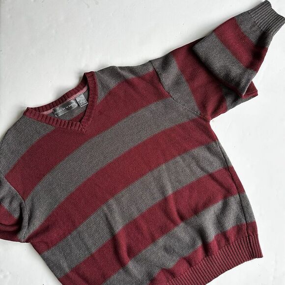Vintage Oscar De La Renta V Neck Sweater Gray Burgundy Knit Stripes Mens Size XL - Picture 1 of 10